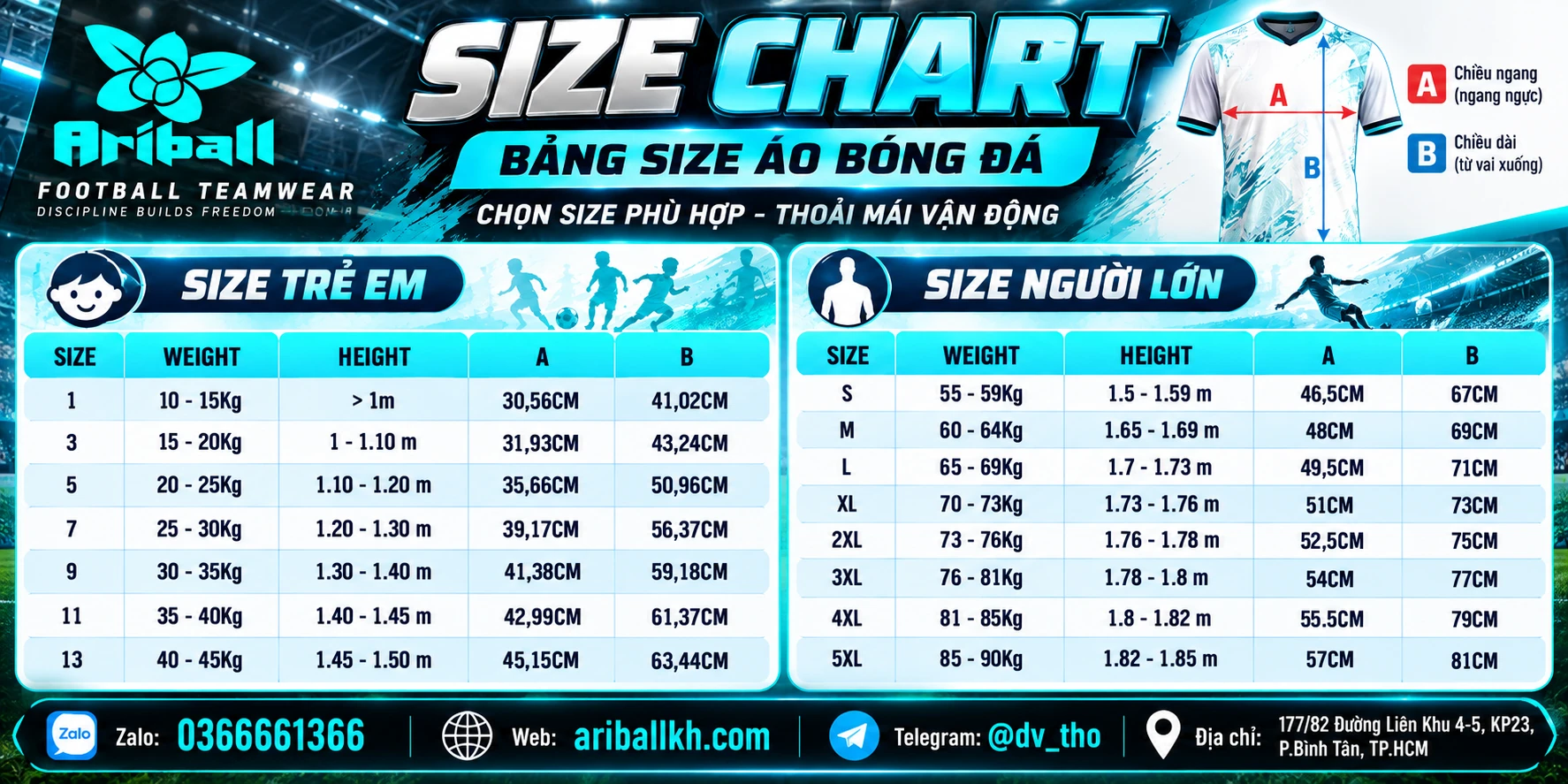 ARIBALL Việt Nam Bảng size áo bóng đá trẻ em và người lớn